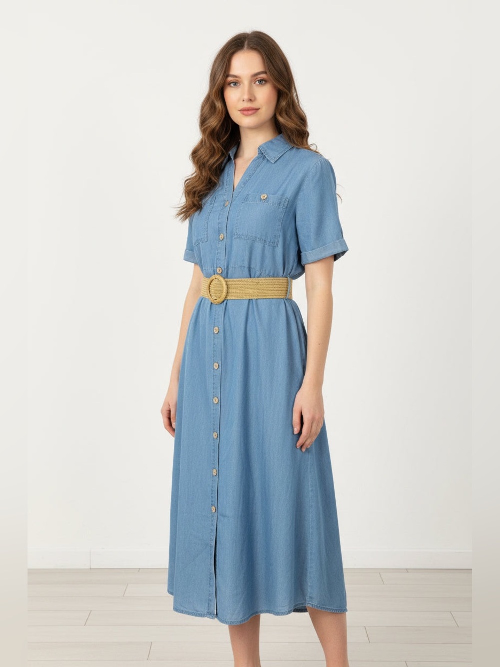Blu Pepper Light Blue Button-Front Midi Dress with Tan Belt